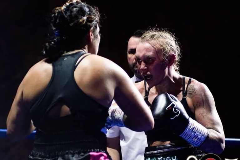 Close up of Ashleigh Johnson's game face during a boxing fight.