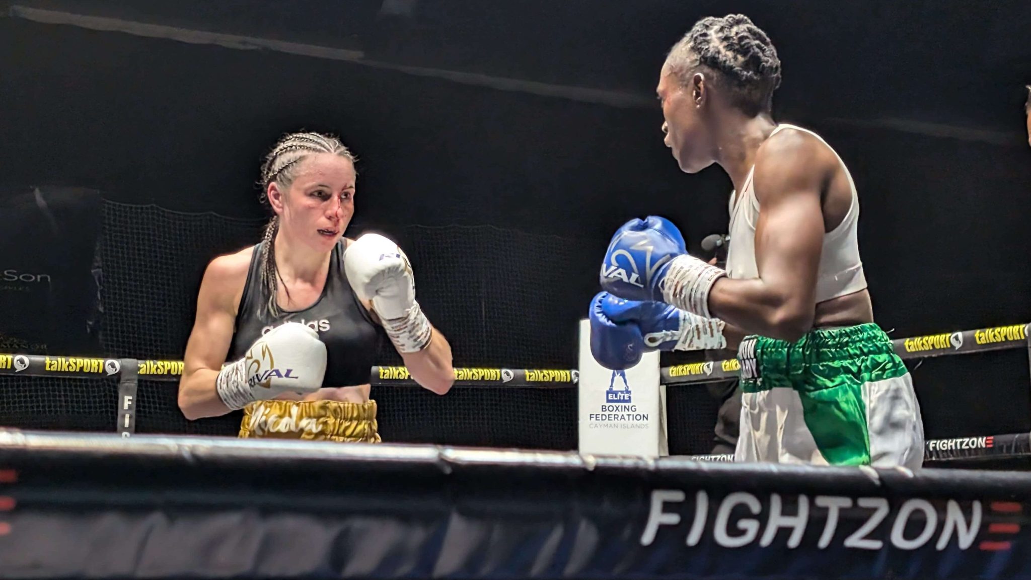Action shot of Nicola Hopewell and Mary Aina Abbey in the ring.